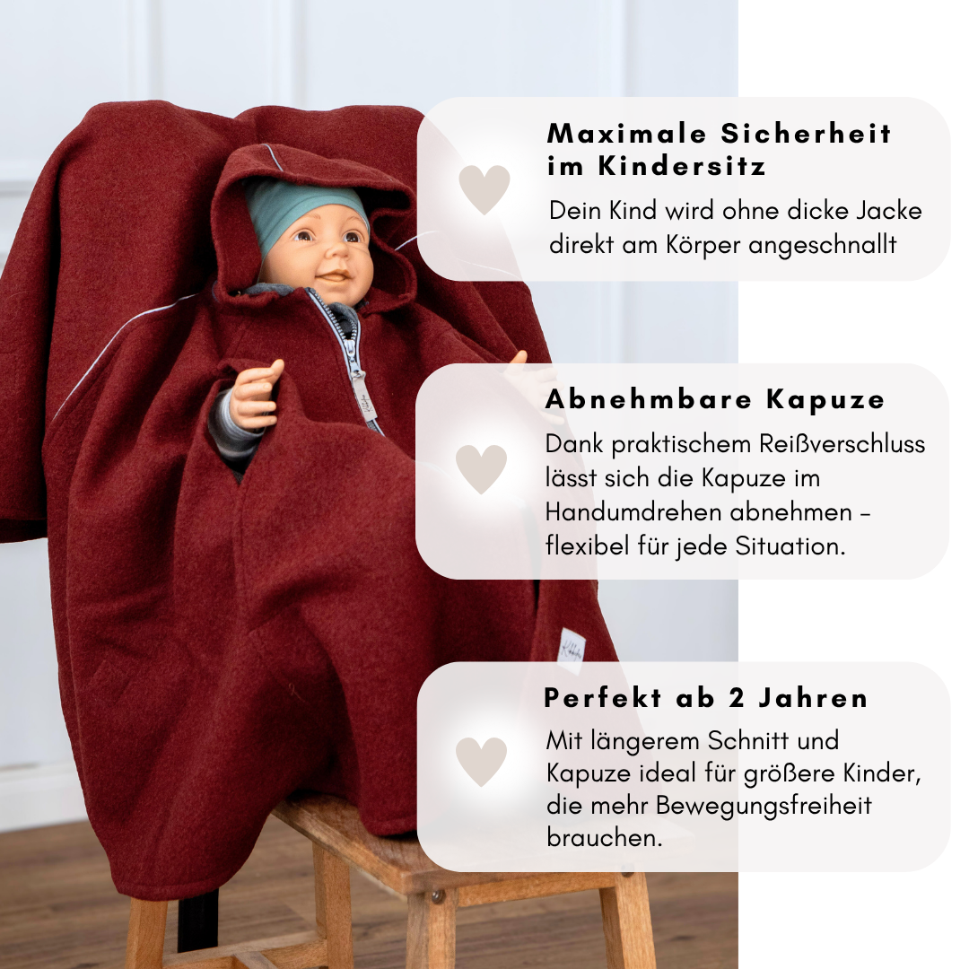 XL Kindersitzponcho aus Wollwalk – natürlich warm und atmungsaktiv