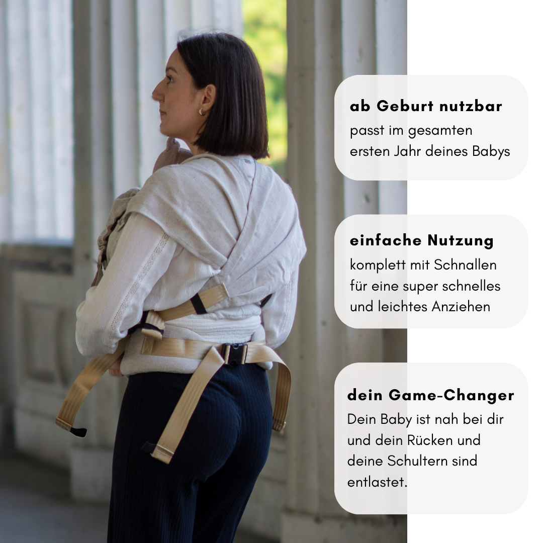 Babytrage ab Geburt mit Schnallen | Leinen-Mix beige mit Sonnenschutz | Ergonomisch, mitwachsend & besonders bequem | für Neugeborene geeignet