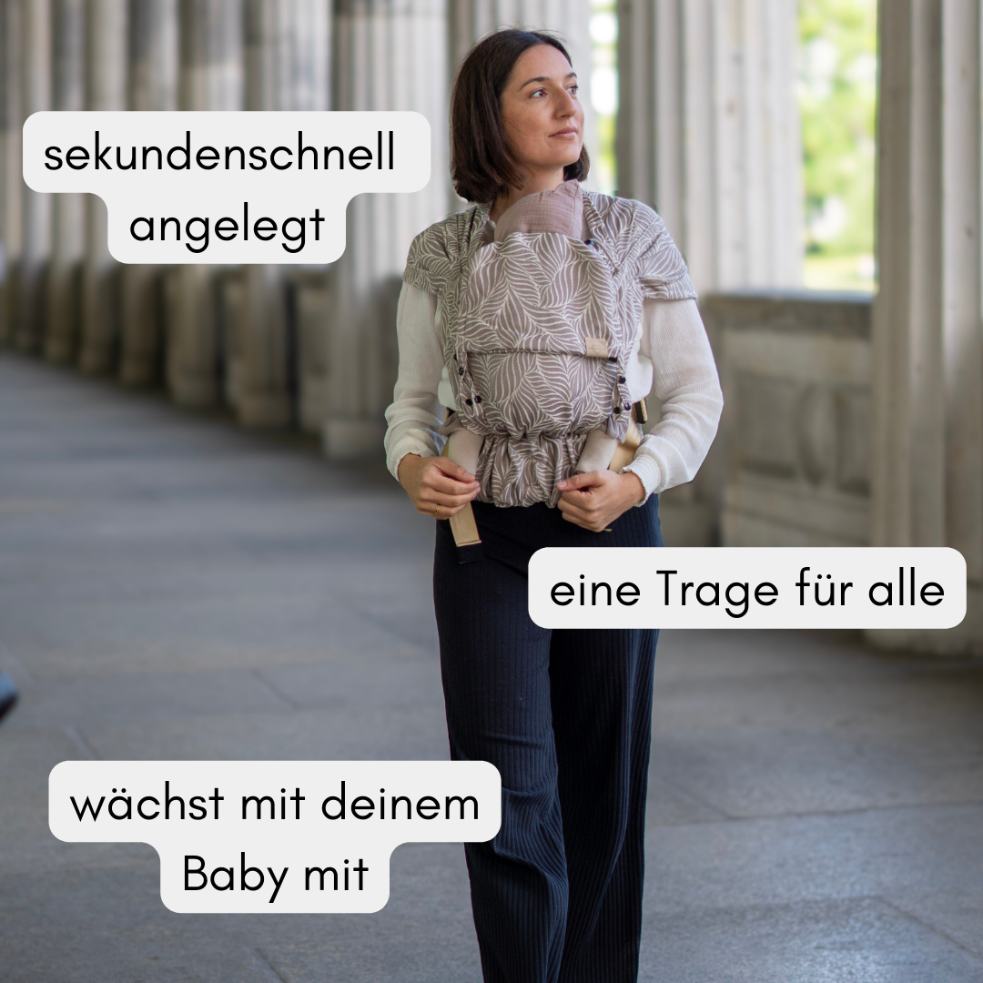 Babytrage ab Geburt mit Schnallen | Tencel-Mix beige mit Sonnenschutz | Ergonomisch, mitwachsend & besonders bequem | für Neugeborene geeignet