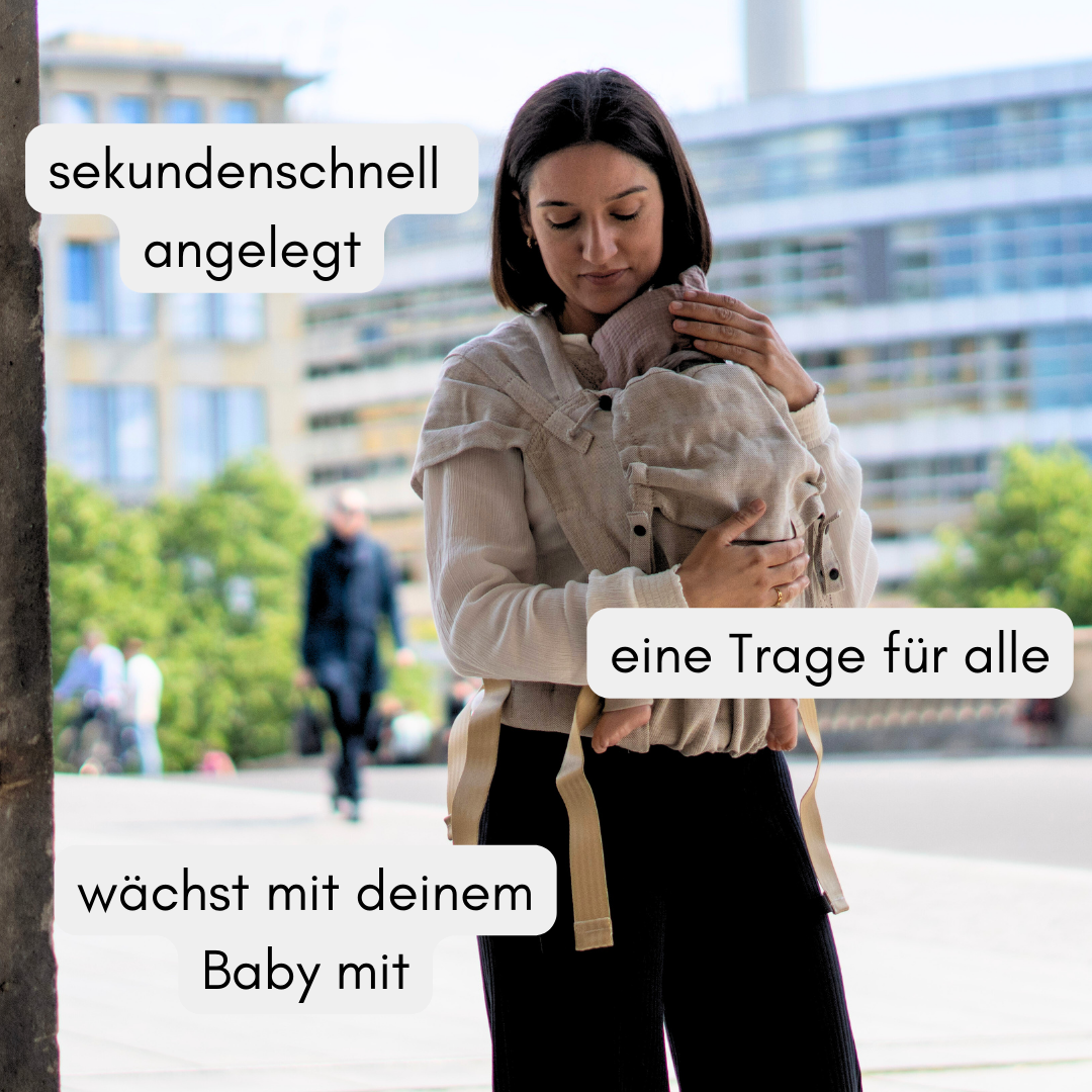 Babytrage ab Geburt mit Schnallen | Leinen-Mix beige mit Sonnenschutz | Ergonomisch, mitwachsend & besonders bequem | für Neugeborene geeignet