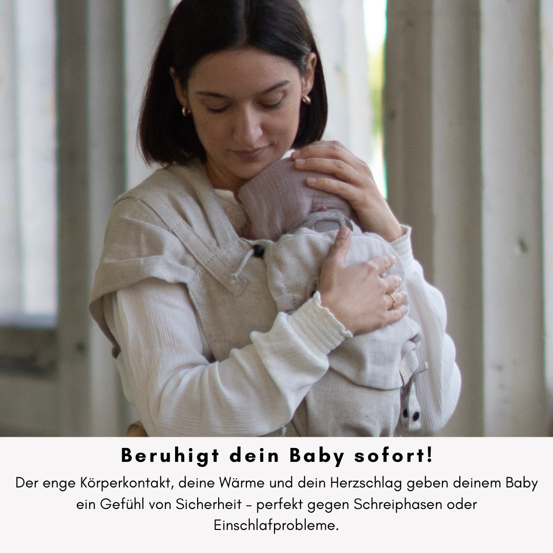 Babytrage ab Geburt mit Schnallen | Leinen-Mix beige mit Sonnenschutz | Ergonomisch, mitwachsend & besonders bequem | für Neugeborene geeignet