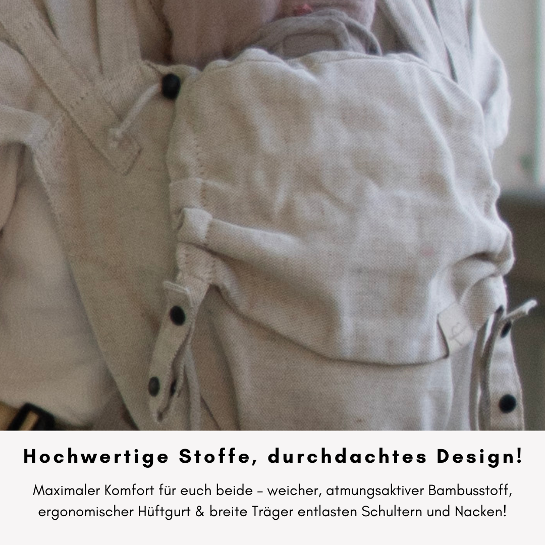 Babytrage ab Geburt mit Schnallen | Leinen-Mix beige mit Sonnenschutz | Ergonomisch, mitwachsend & besonders bequem | für Neugeborene geeignet