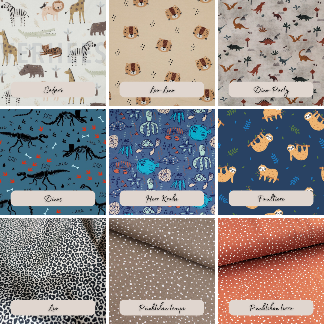 Grafik mit Jersey-Mustern und Farben zur Auswahl für das Futter