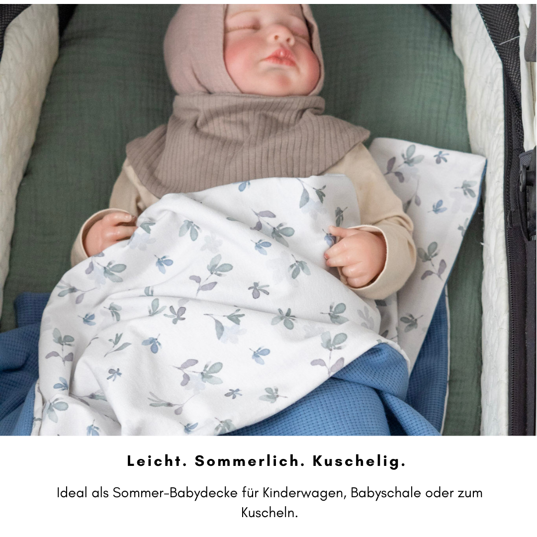 Babydecke Waffelpiqué & Jersey - blau 100×70 cm – Sommerdecke für Kinderwagen, Babyschale & Zuhause
