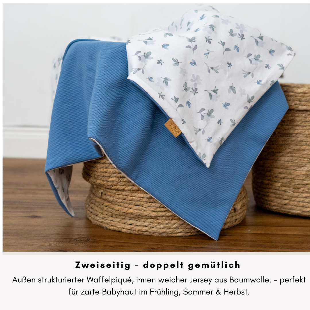 Babydecke Waffelpiqué & Jersey - blau 100×70 cm – Sommerdecke für Kinderwagen, Babyschale & Zuhause