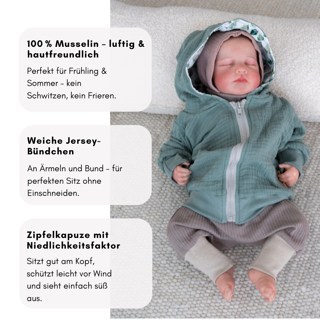 Kikkifax Musselin-Jacke mit gemusterter Kapuze – Leicht, weich & perfekt für Frühling und Sommer