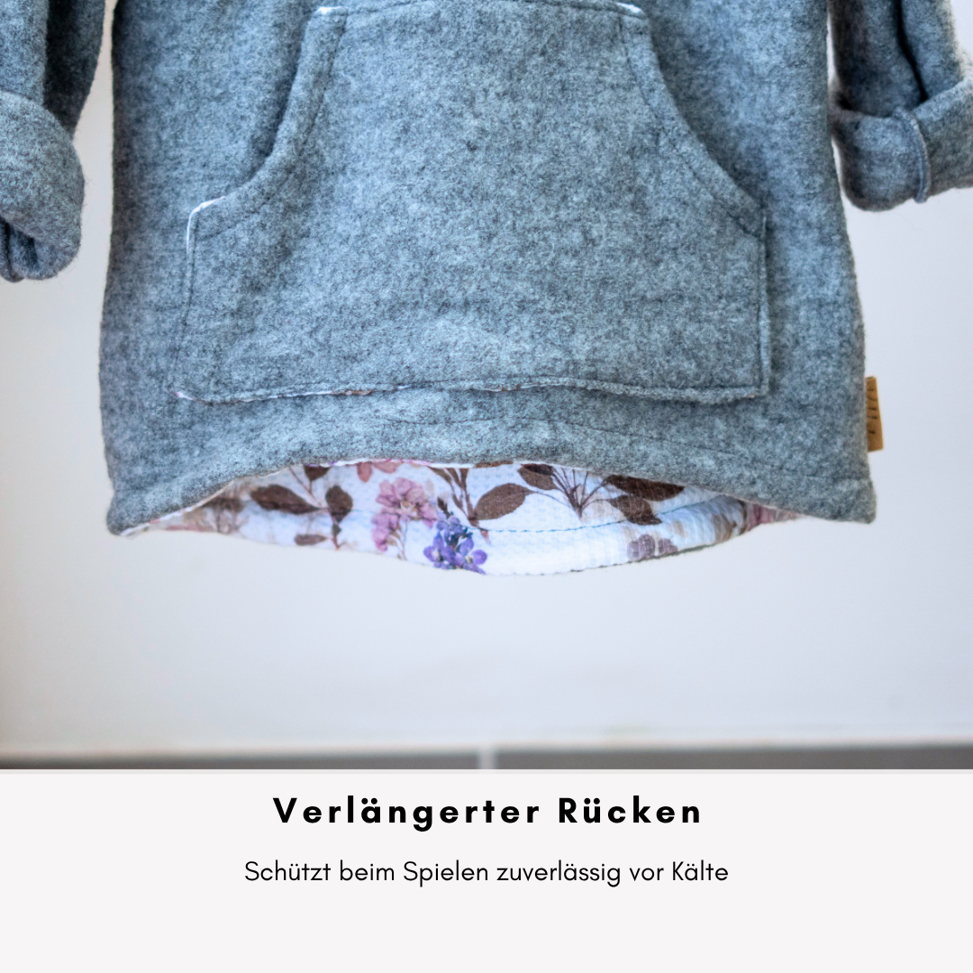 Robuster Wollwalk-Kapuzenpulli mit längerem Rücken – wärmt, schützt & wächst mit