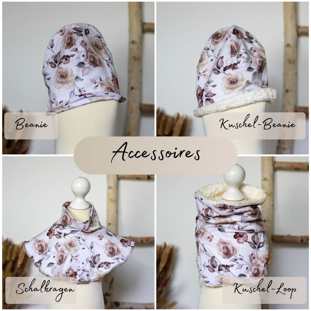 Auf dieser Grafik findest du alle passenden Accessoires, die du zum Wollwalk-Overall kombinieren kannst – wie Beanie, Loop, Handschuhe und mehr. Alles farblich auf deinen Wunsch-Overall abgestimmt und genauso hochwertig verarbeitet.