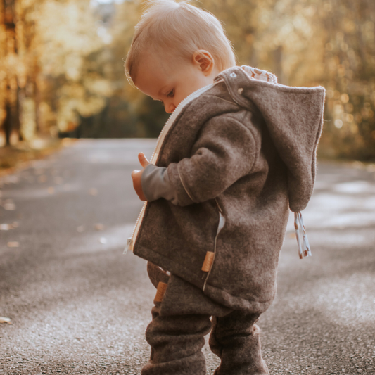 Wollwalk-Jacke für Kinder – abnehmbare Kapuze, reflektierend & temperaturregulierend - Haselnuss braun