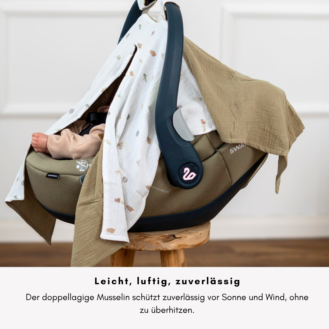 Sun-Cover für Babyschale - Olive mit Fahrzeugen – Leicht, Atmungsaktiv & Mit Sichtfenster