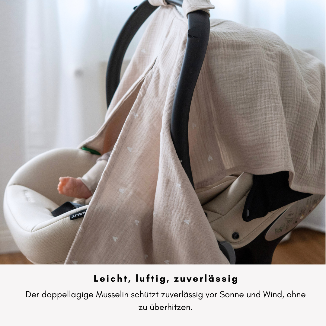 Musselin-Sonnenschutz für Babyschale – Leicht, Atmungsaktiv & Mit Sichtfenster - beige -