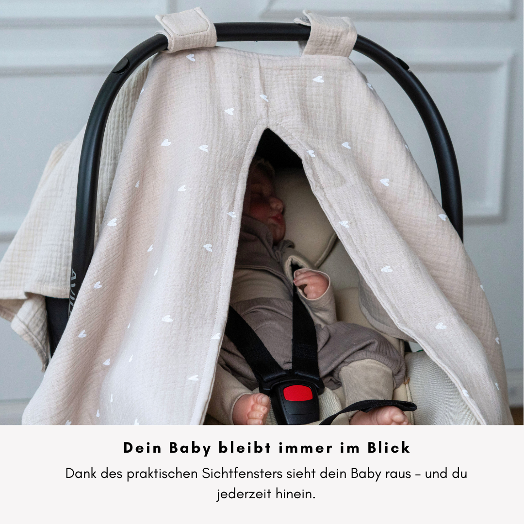 Musselin-Sonnenschutz für Babyschale – Leicht, Atmungsaktiv & Mit Sichtfenster - beige -
