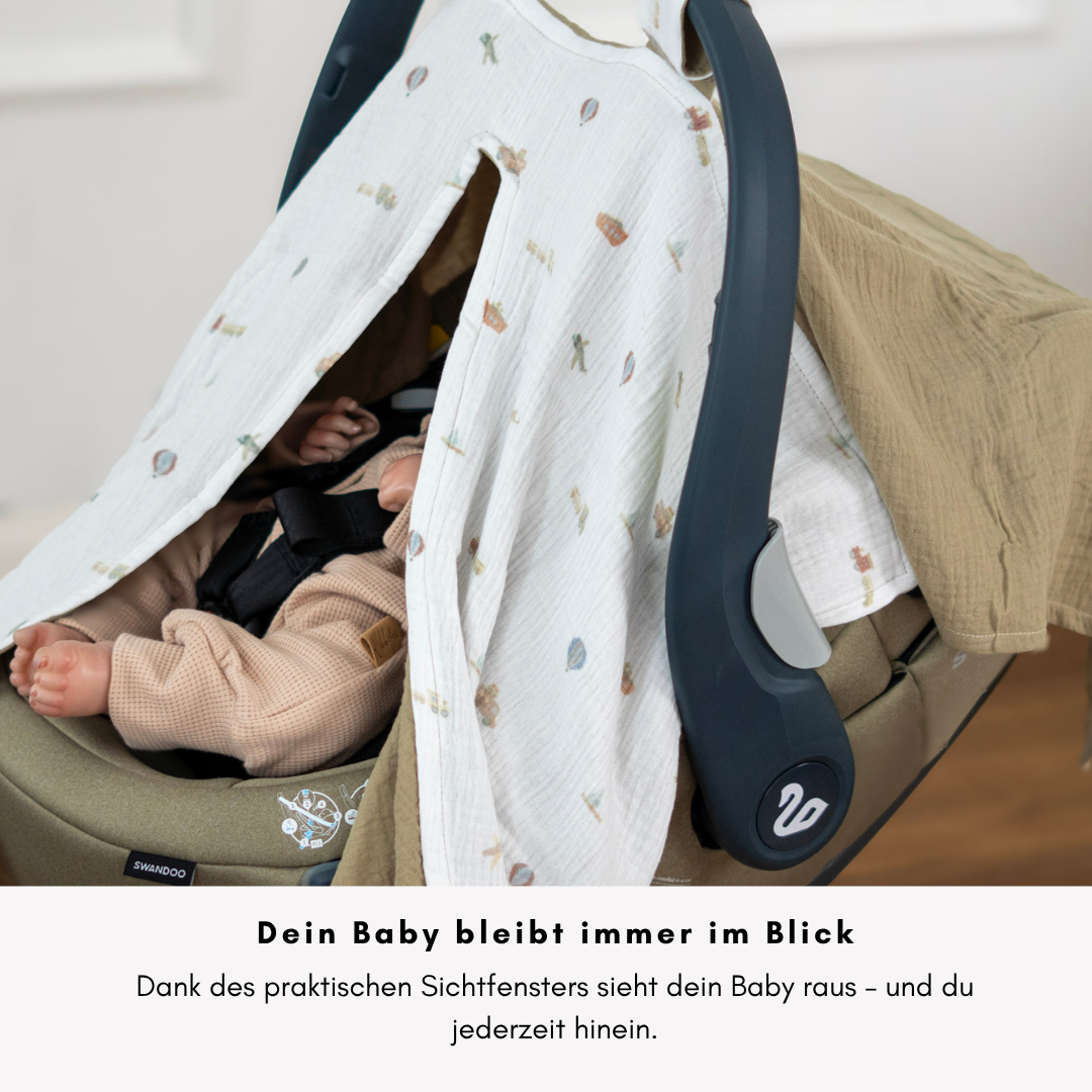 Sun-Cover für Babyschale - Olive mit Fahrzeugen – Leicht, Atmungsaktiv & Mit Sichtfenster