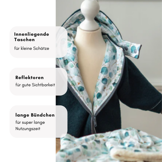 Wollwalk-Jacke für Kinder – abnehmbare Kapuze, reflektierend & temperaturregulierend