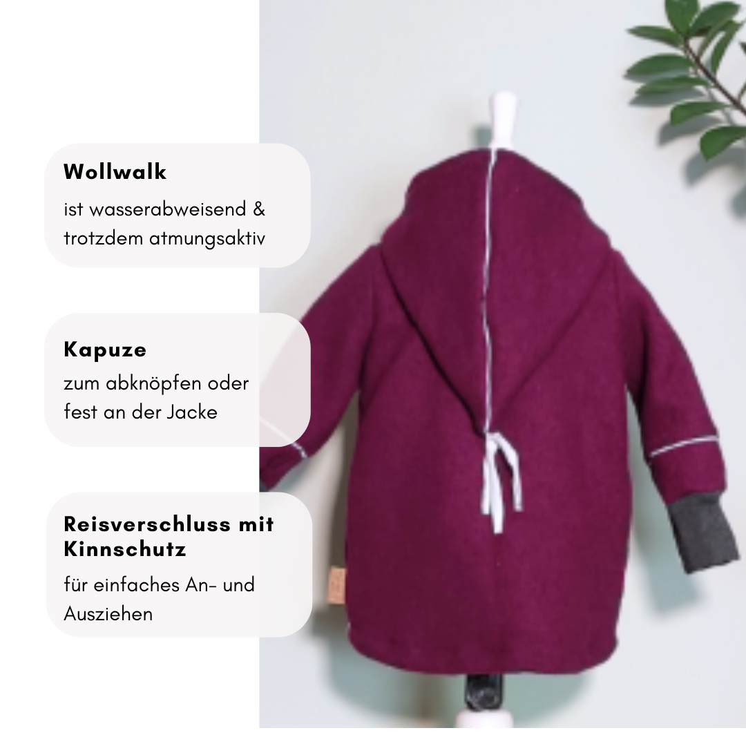 Mitwachsende Wollwalkjacke – abnehmbare Kapuze & verlängerter Rücken für extra Schutz
