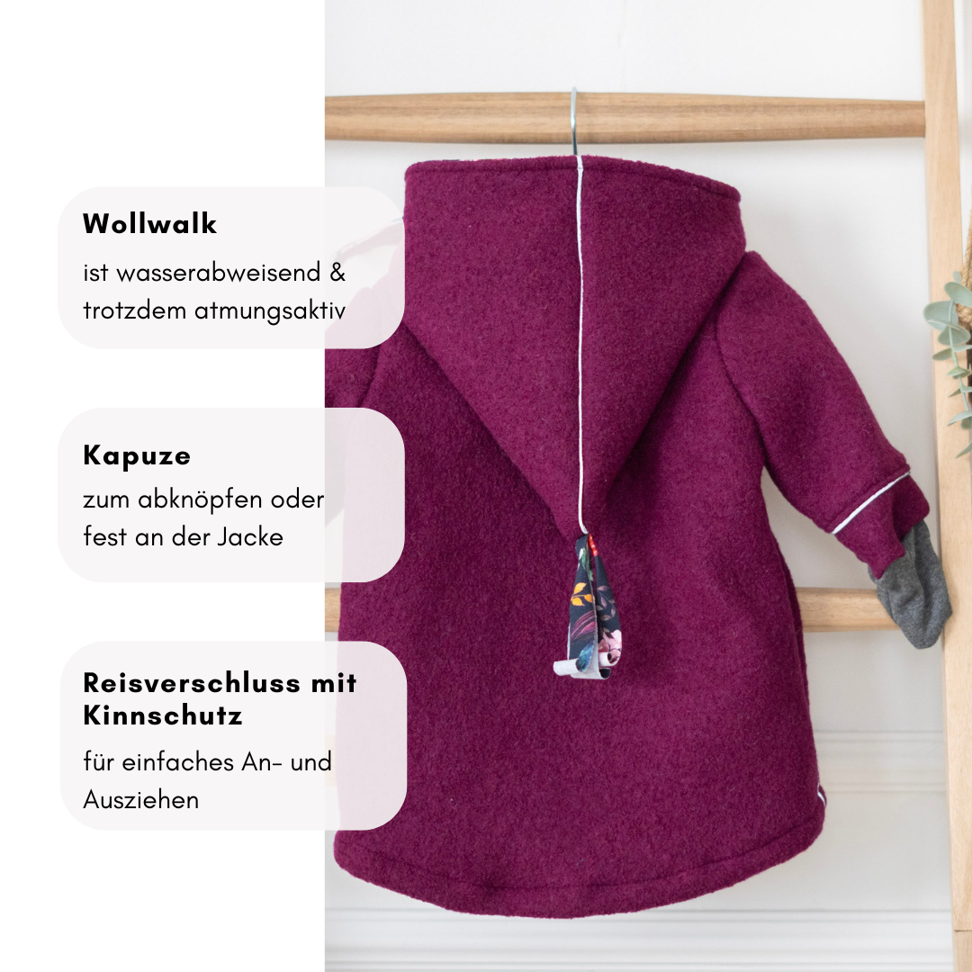 Wollwalk-Kinderjacke – wasserabweisend, mit Reißverschluss und abknöpfbarer Kapuze