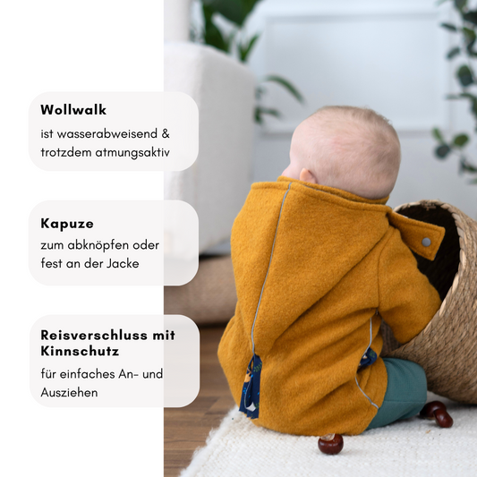 Wollwalk-Kinderjacke – wasserabweisend, mit Reißverschluss und abknöpfbarer Kapuze