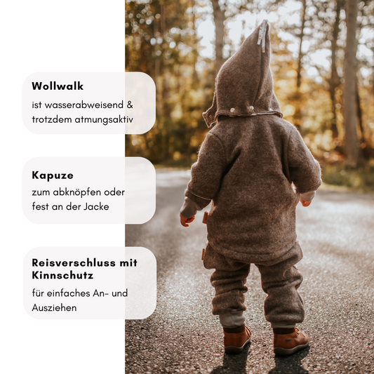 Wollwalk-Kinderjacke – wasserabweisend, mit Reißverschluss und abknöpfbarer Kapuze
