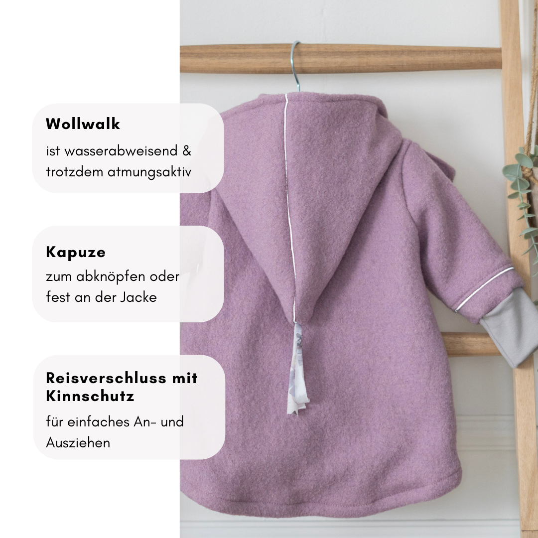 Wollwalk-Kinderjacke – wasserabweisend, mit Reißverschluss und abknöpfbarer Kapuze