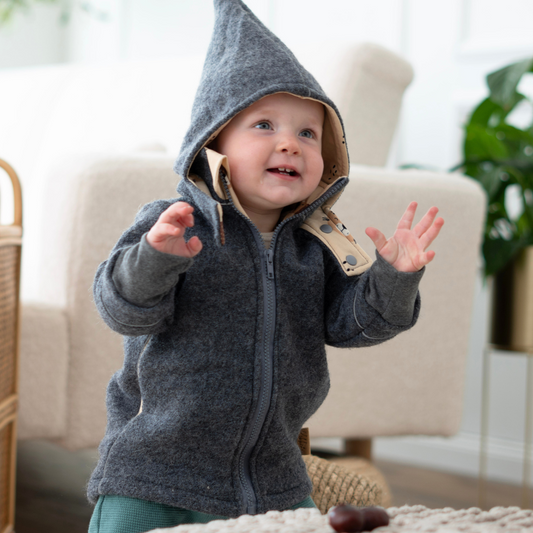 Wollwalk-Jacke für Kinder – abnehmbare Kapuze, reflektierend & temperaturregulierend - grau