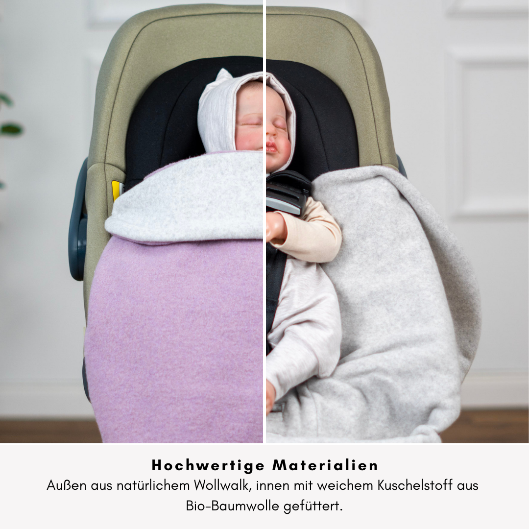 Einschlagdecke mit 5-Punkt-Gurt – geöffnet, Baby sicher angeschnallt