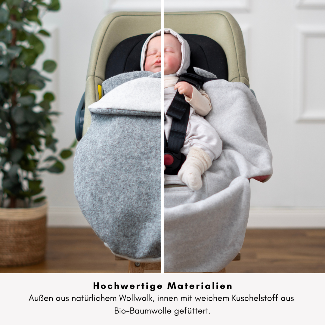 Innenmaterial der Einschlagdecke sichtbar – ideal für Babyschale & Reboarder