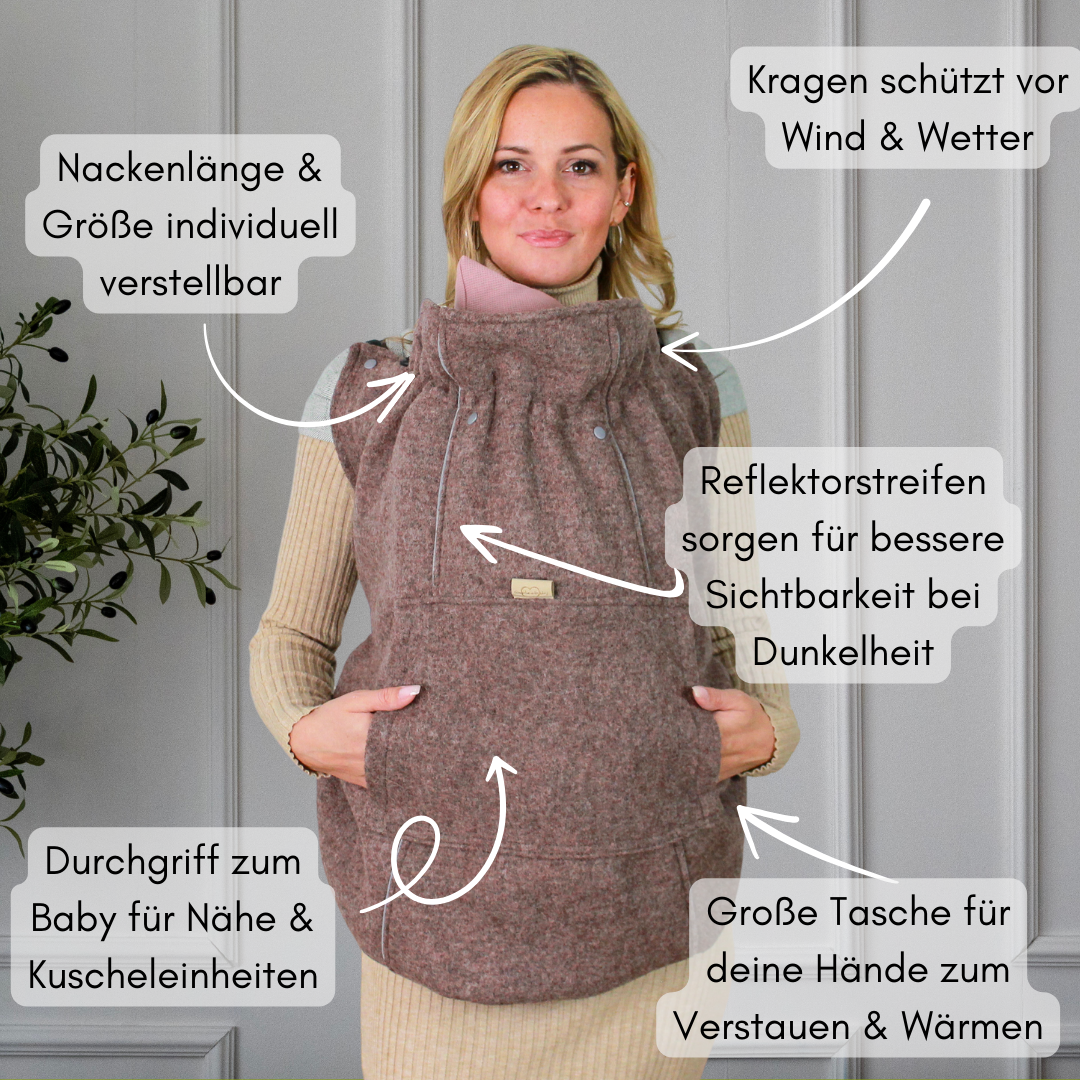 Tragecover für Babytragen mit verstellbarer Größe und Nackenweite, Reflektorstreifen, Kragenschutz, Handwärmertasche und Durchgriff für Nähe zum Baby