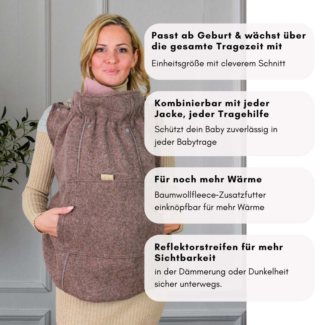 Mitwachsendes Tragecover für alle Babytragen – Einheitsgröße ab Geburt, kombinierbar mit jeder Jacke, mit einknöpfbarem Baumwollfutter und Reflektorstreifen für Sicherheit