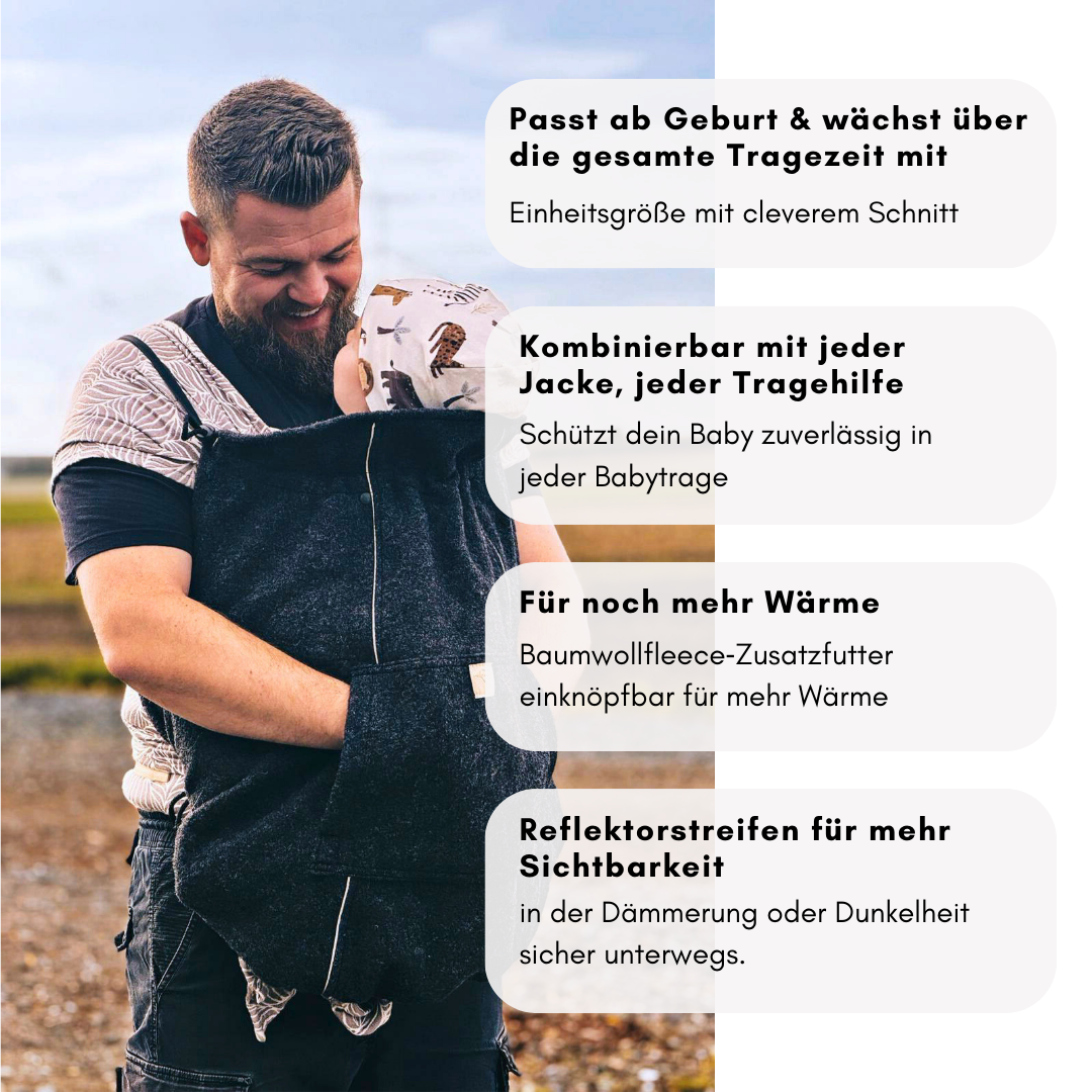 Mitwachsendes Tragecover für alle Babytragen – Einheitsgröße ab Geburt, kombinierbar mit jeder Jacke, mit einknöpfbarem Baumwollfutter und Reflektorstreifen für Sicherheit