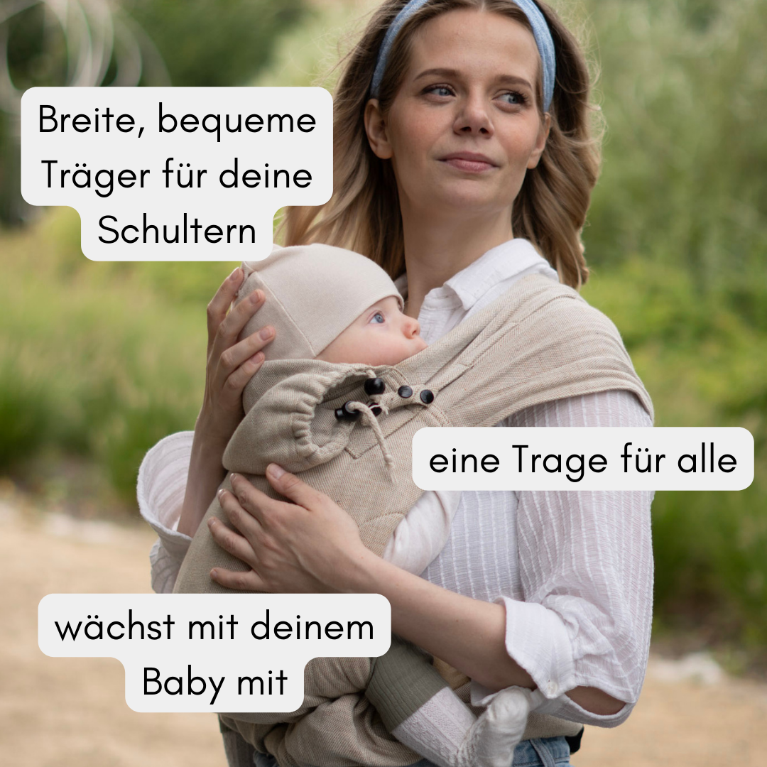 Babytrage ab Geburt zum binden | Leinen-Mix beige mit Sonnenschutz | Ergonomisch, mitwachsend & besonders bequem | für Neugeborene geeignet