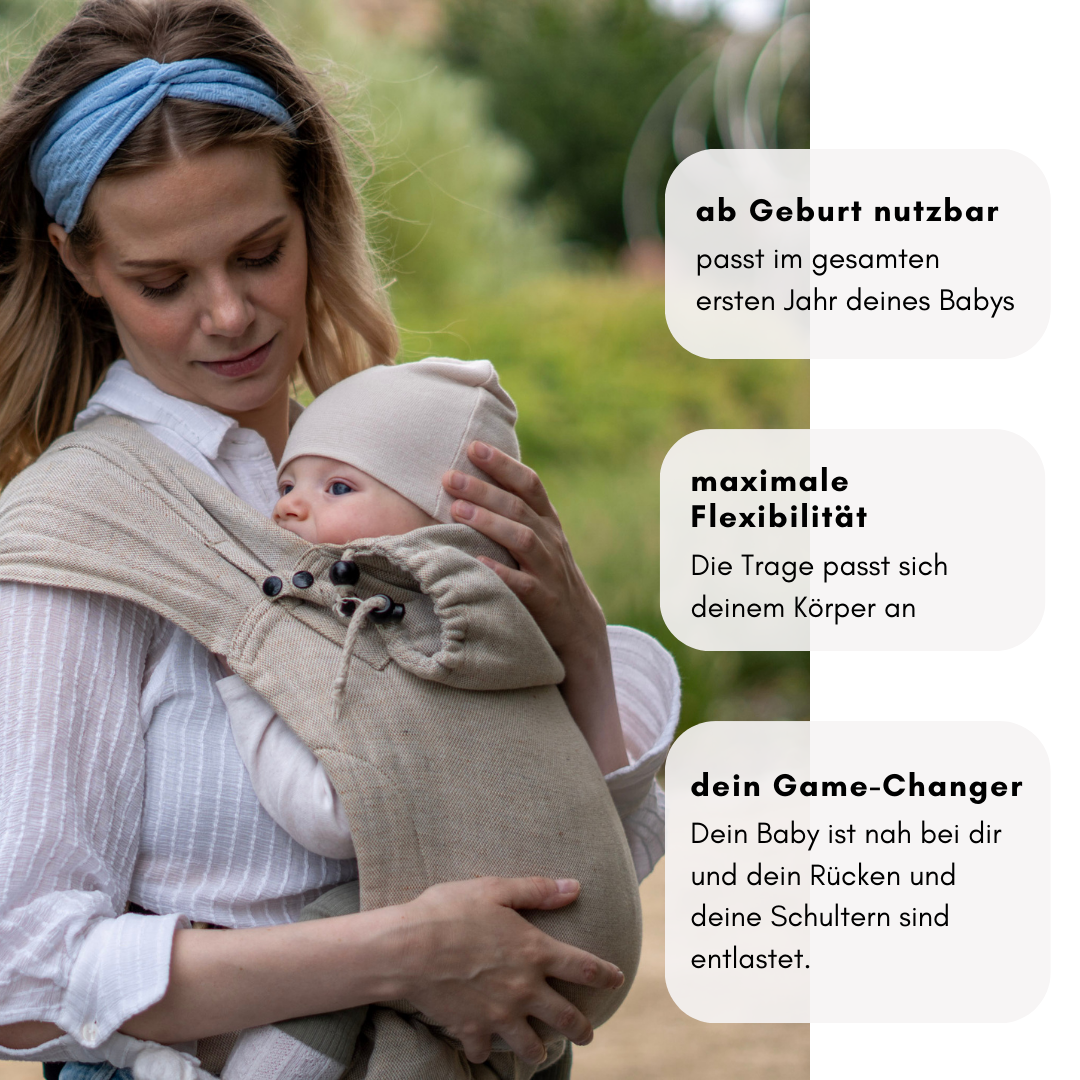 Babytrage ab Geburt zum binden | Leinen-Mix beige mit Sonnenschutz | Ergonomisch, mitwachsend & besonders bequem | für Neugeborene geeignet