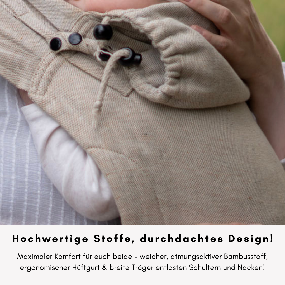 Babytrage ab Geburt zum binden | Leinen-Mix beige mit Sonnenschutz | Ergonomisch, mitwachsend & besonders bequem | für Neugeborene geeignet