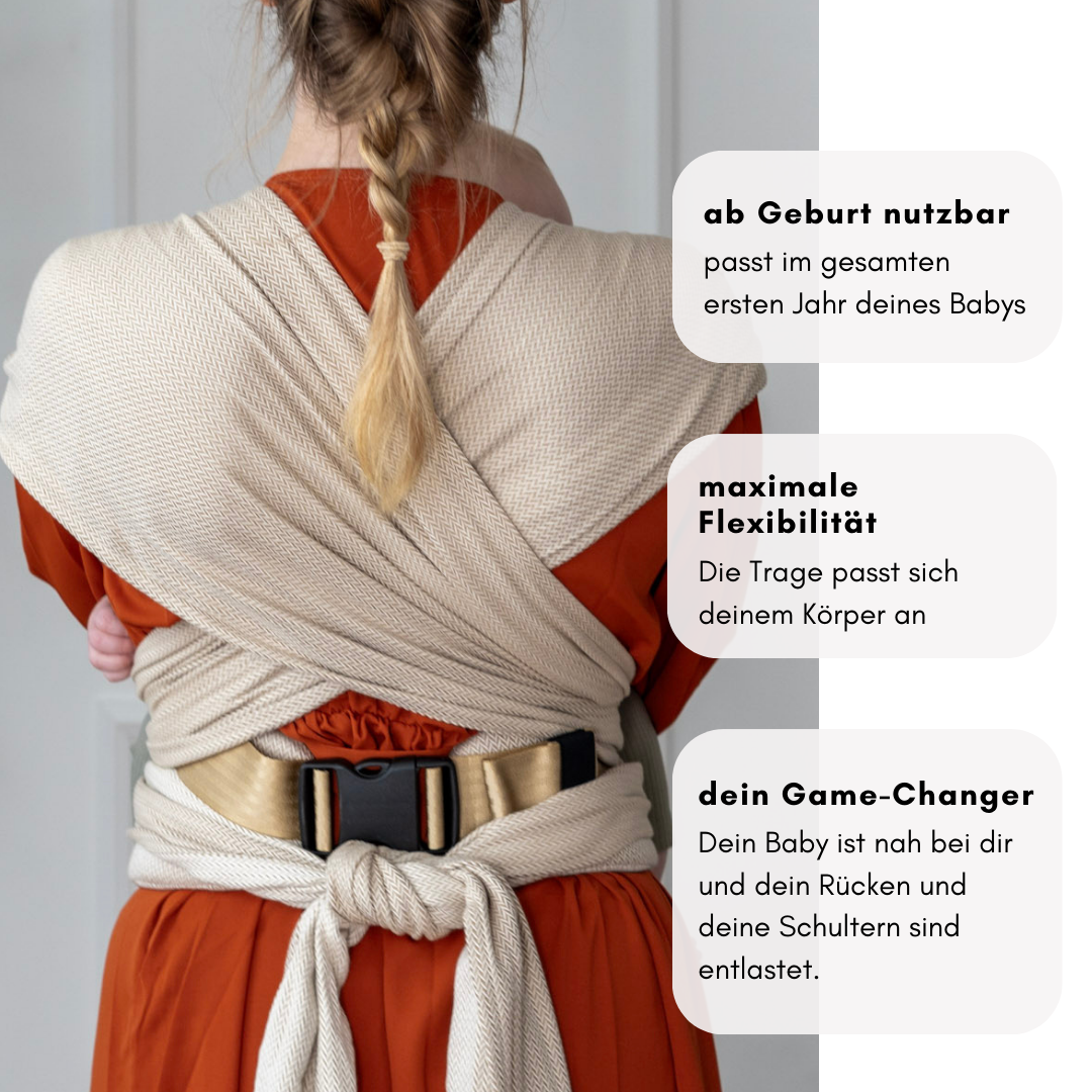 Halfbuckle Babytrage – ab Geburt – beige aus Baumwolle & atmungsaktiv