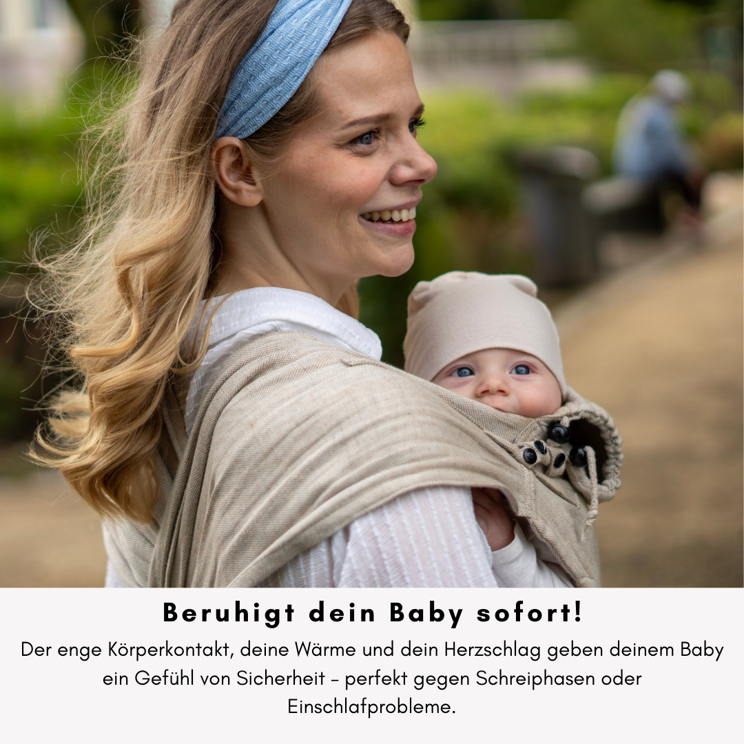 Babytrage ab Geburt zum binden | Leinen-Mix beige mit Sonnenschutz | Ergonomisch, mitwachsend & besonders bequem | für Neugeborene geeignet