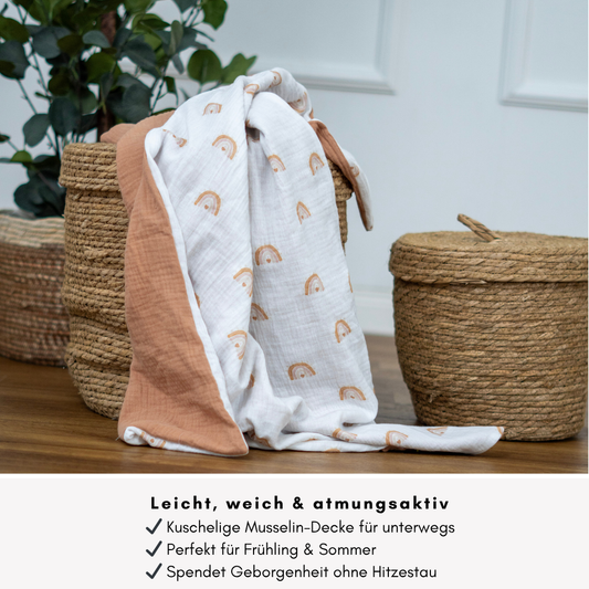 Musselin-Set für sonnige Abenteuer – Decke & Sonnenschutz im passenden Design