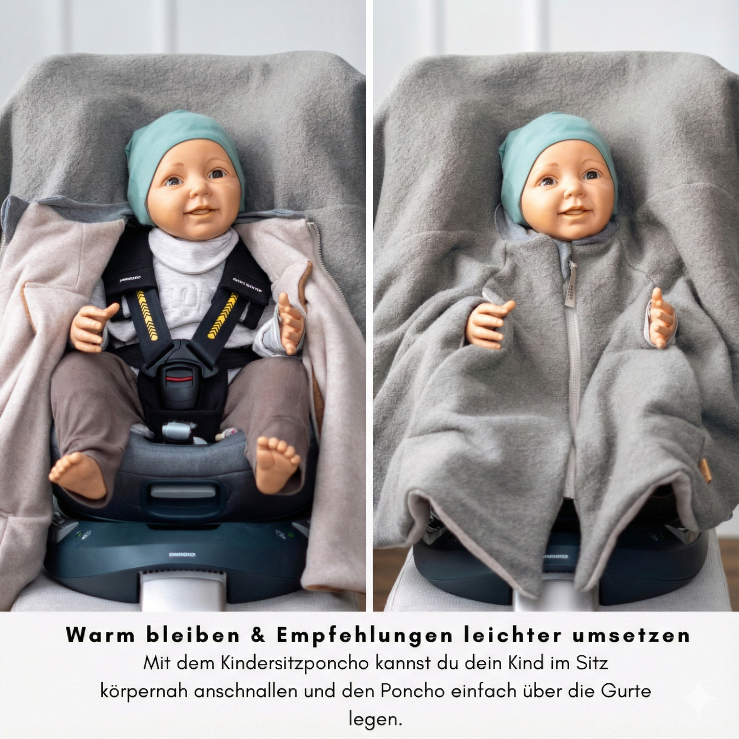 Kindersitzponcho im Kindersitz – Kind körpernah angeschnallt, Poncho über den Gurten als wärmende Schicht