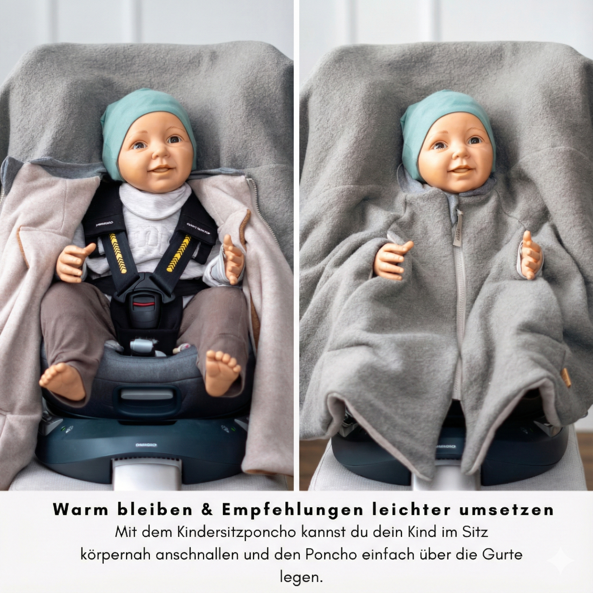Kindersitzponcho im Kindersitz – Kind körpernah angeschnallt, Poncho über den Gurten als wärmende Schicht