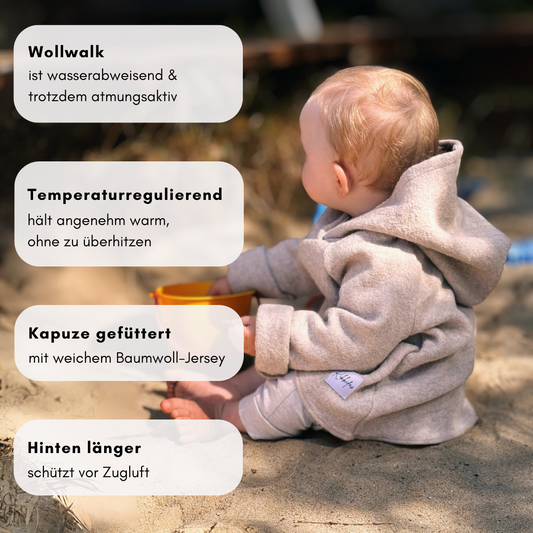 Wollwalk-Hoodie für Kinder mit verlängertem Rückenteil für extra Schutz vor Kälte