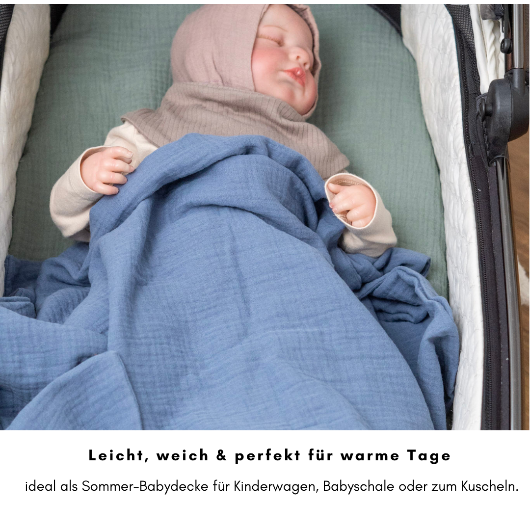 Musselin Babydecke - Himmelblau 100×70 cm – Leicht, weich & perfekt für Frühling und Sommer