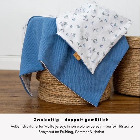 Babydecke Waffeljersey & Jersey - blau 100×70 cm – Sommerdecke für Kinderwagen, Babyschale & Zuhause