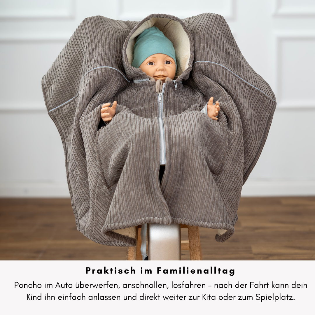 XL Kindersitzponcho für Kita & Alltag – vom Auto direkt weiter zur Kita ohne Jacke an- und ausziehen