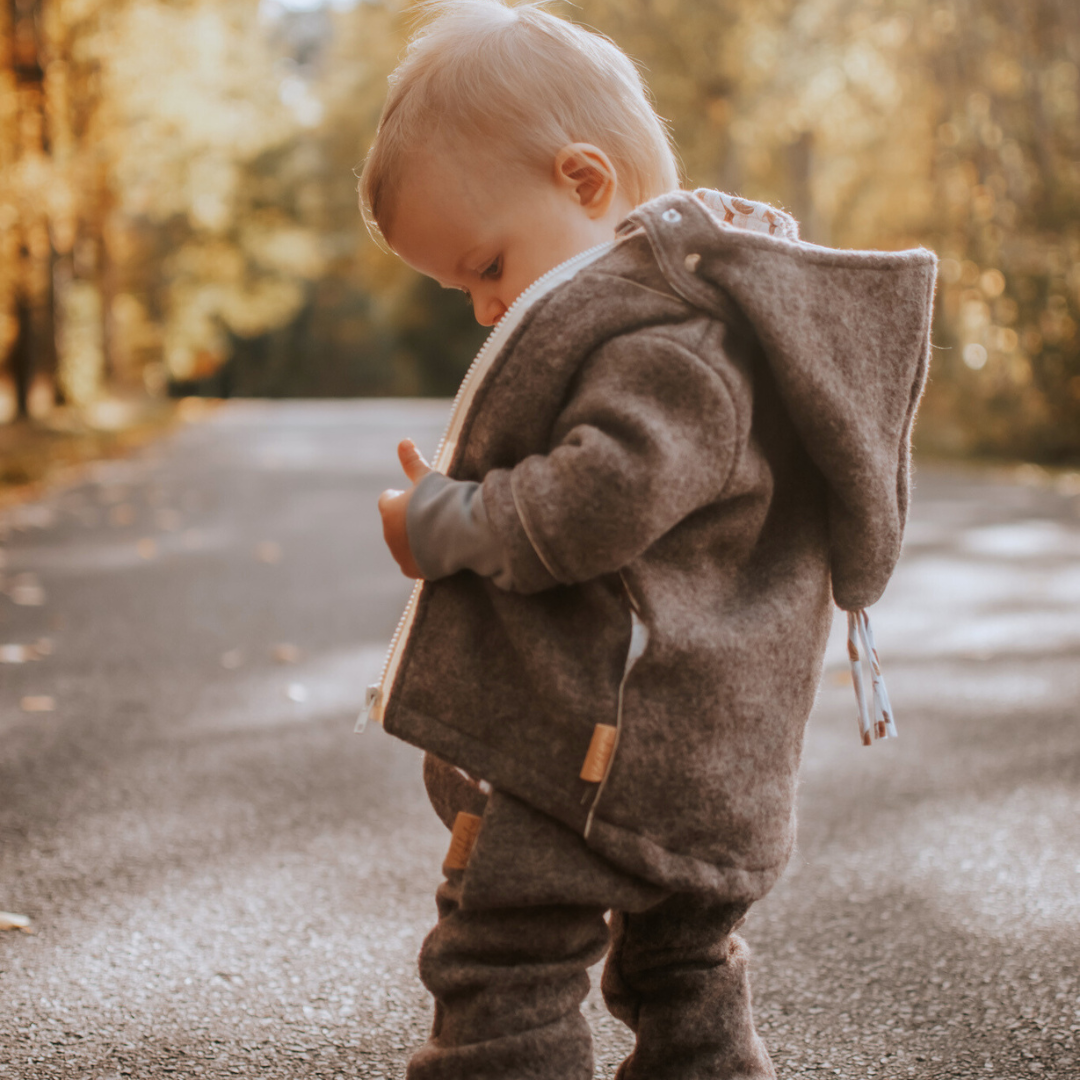 Wollwalk-Jacke für Kinder – abnehmbare Kapuze, reflektierend & temperaturregulierend - Haselnuss braun