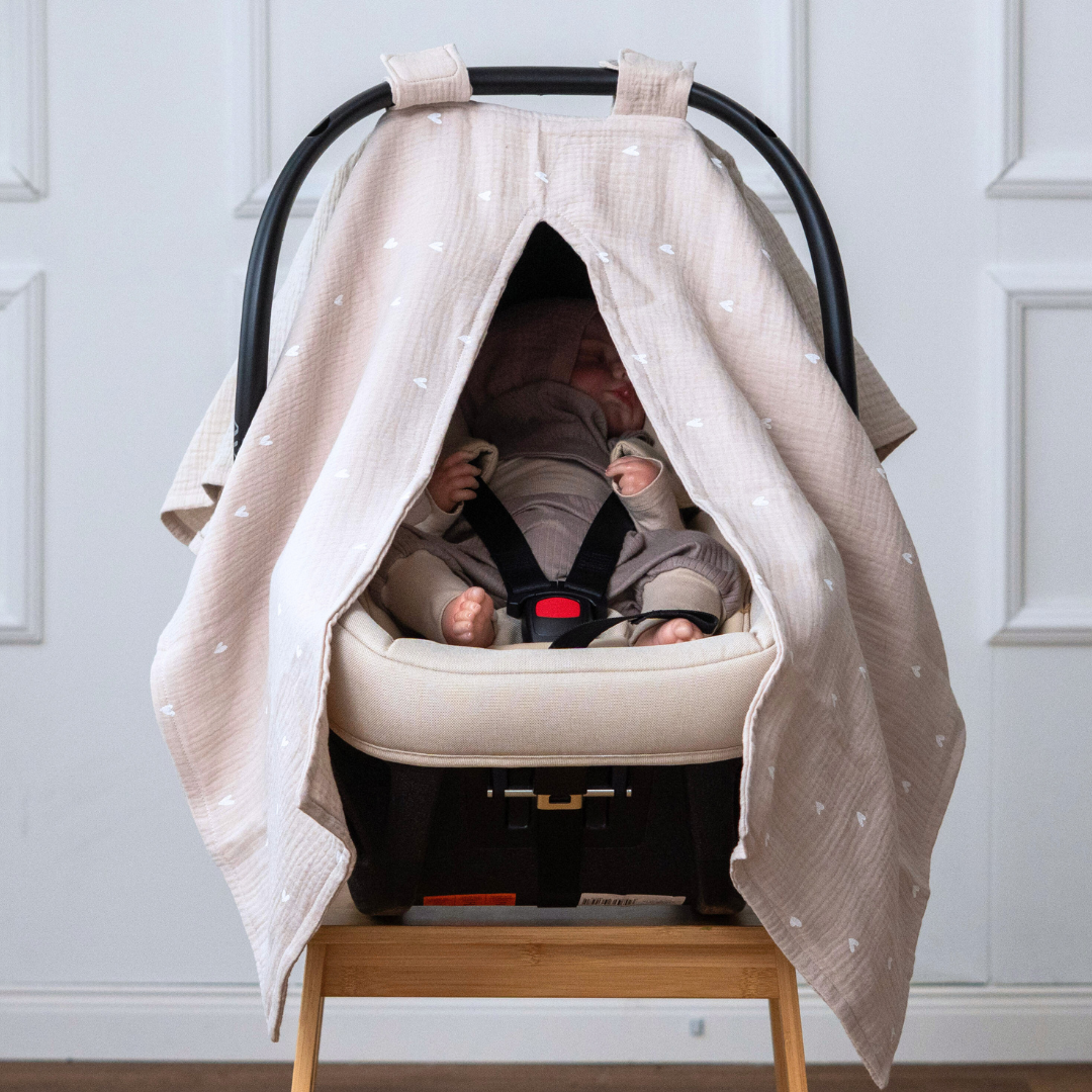 Musselin-Sonnenschutz für Babyschale – Leicht, Atmungsaktiv & Mit Sichtfenster - beige -