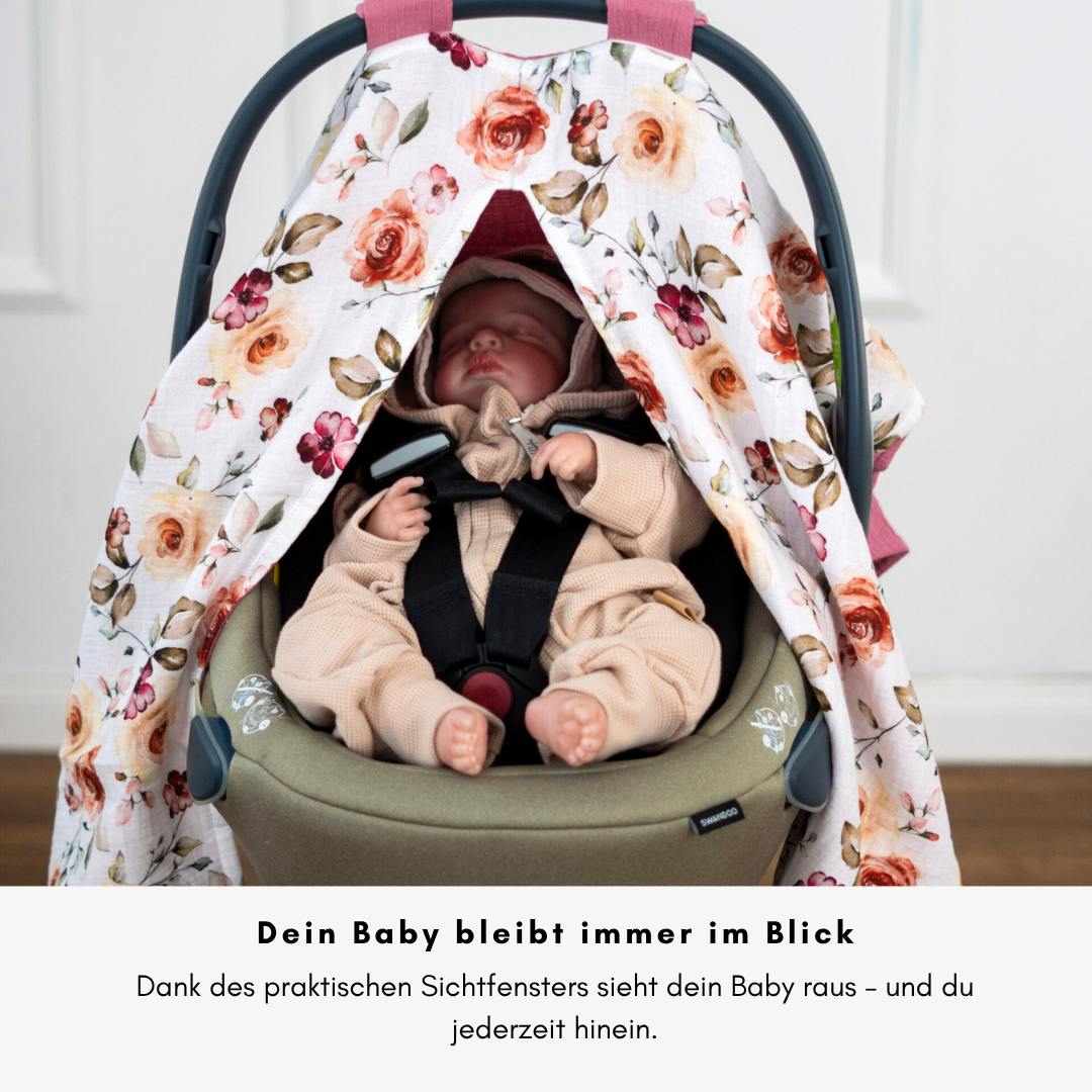 Sun-Cover für Babyschale - Rosa mit Camilla – Leicht, Atmungsaktiv & Mit Sichtfenster