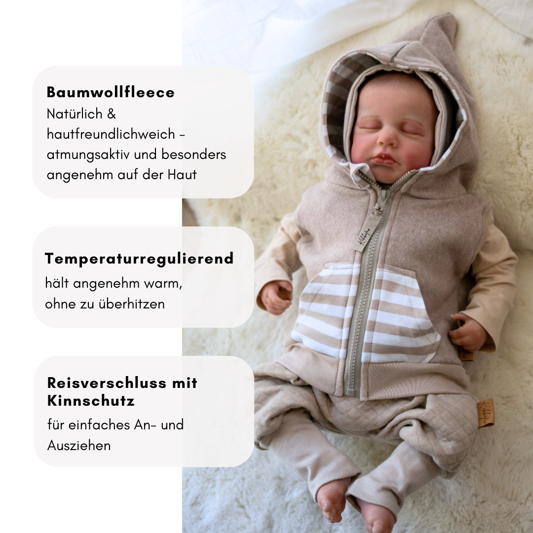 Weste für Kinder in Beige – aus Baumwollfleece, mit Kapuze & Reißverschluss