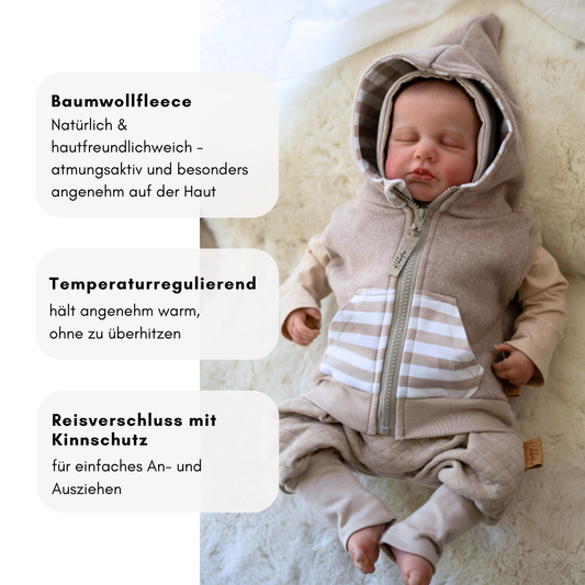Weste für Kinder in Beige – aus Baumwollfleece, mit Kapuze & Reißverschluss