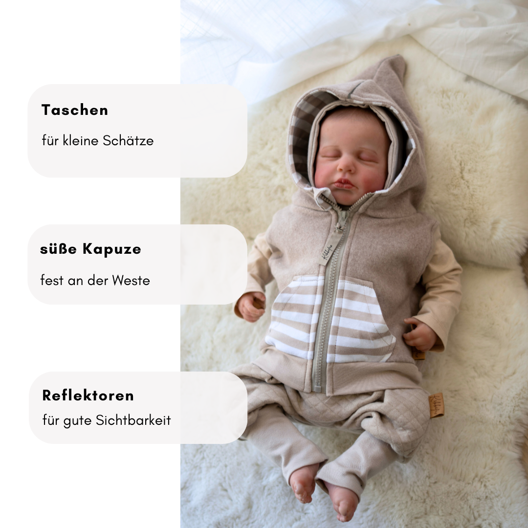 Beige Weste für Kinder – reflektierend, weich und aus natürlichen Materialien