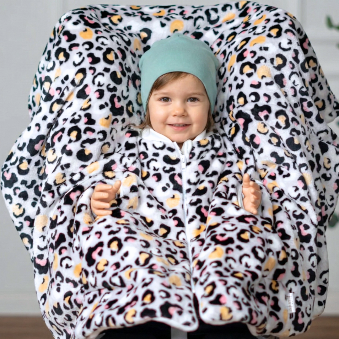 Kindersitzponcho aus Fleece - Silver Panther - warm und mitwachsend ab 6 Monaten bis 12 Jahren