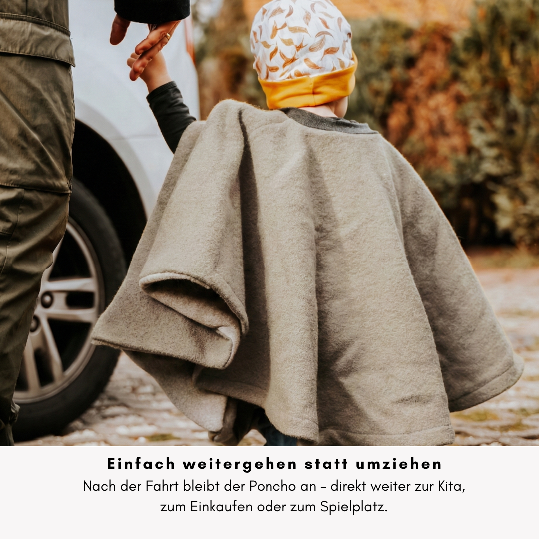 Kindersitzponcho für den Alltag – vom Auto direkt weiter zur Kita ohne Jacke an- und ausziehen