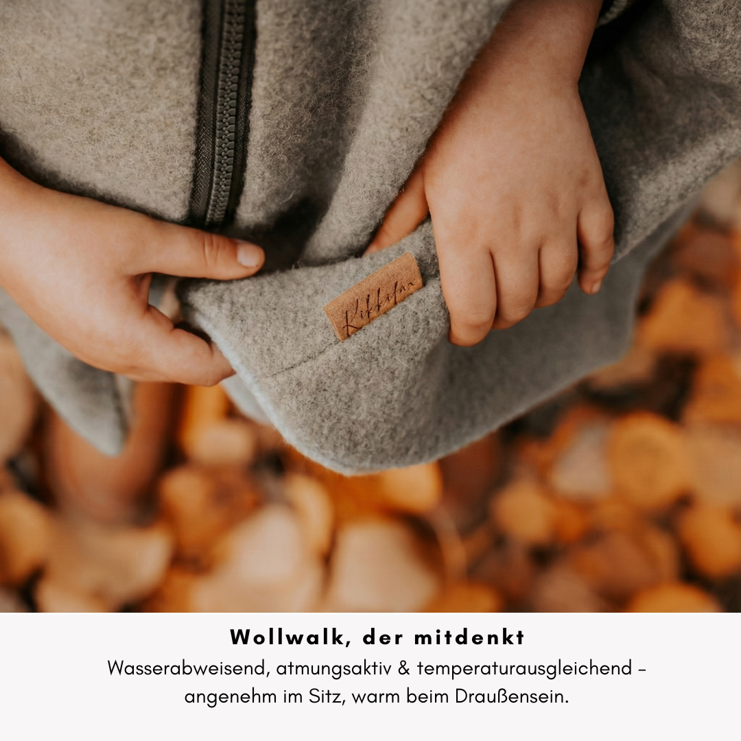 Kindersitzponcho aus Wollwalk – atmungsaktiv, warm & alltagstauglich im Kindersitz, Fahrradanhänger oder Fahrradsitz und Kinderwagen oder Buggy